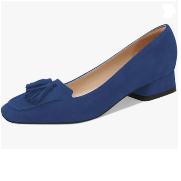 YDN Dark Blue Block Low Heel Loafer Square Toe Tassel Fringe Slip On Dress Pump - Picture 1 of 8